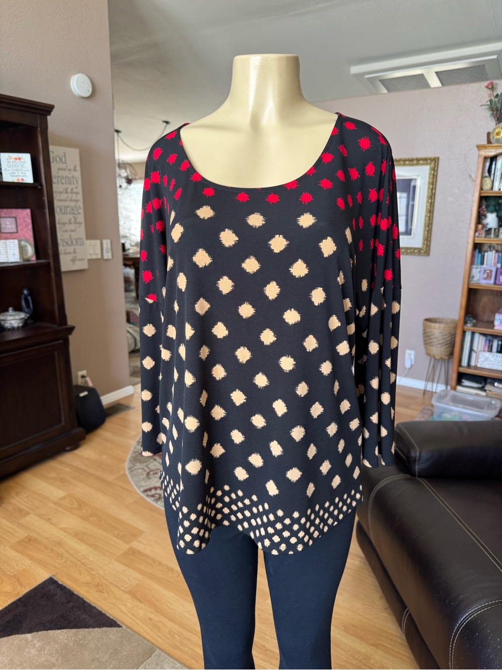 Chico's black tunic with red & beige dot pattern-size L